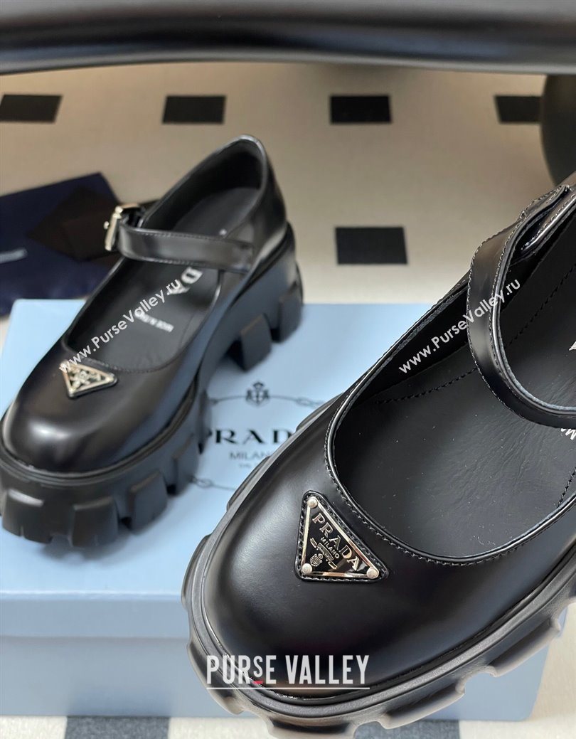 Prada Brushed leather Monolith Platform Mary Janes Shoes 5cm Black 2025 1F080O (MD-251027039)