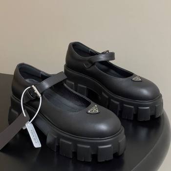 Prada Calf Leather Monolith Platform Mary Janes Shoes 5cm Black 2025 1F080O (MD-251027040)