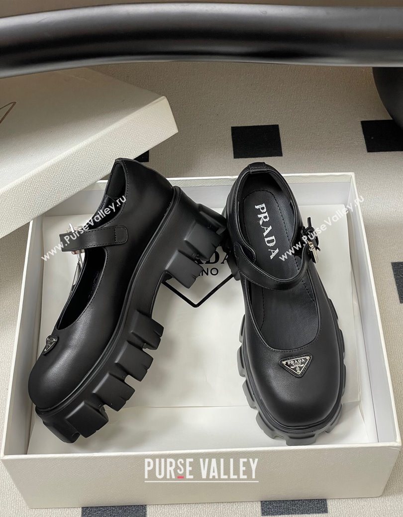 Prada Calf Leather Monolith Platform Mary Janes Shoes 5cm Black 2025 1F080O (MD-251027040)
