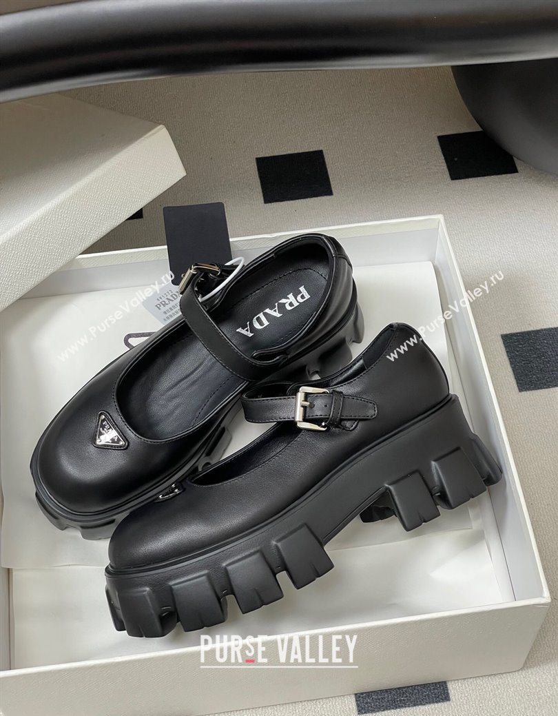 Prada Calf Leather Monolith Platform Mary Janes Shoes 5cm Black 2025 1F080O (MD-251027040)