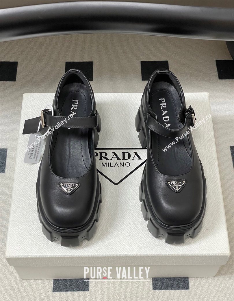 Prada Calf Leather Monolith Platform Mary Janes Shoes 5cm Black 2025 1F080O (MD-251027040)