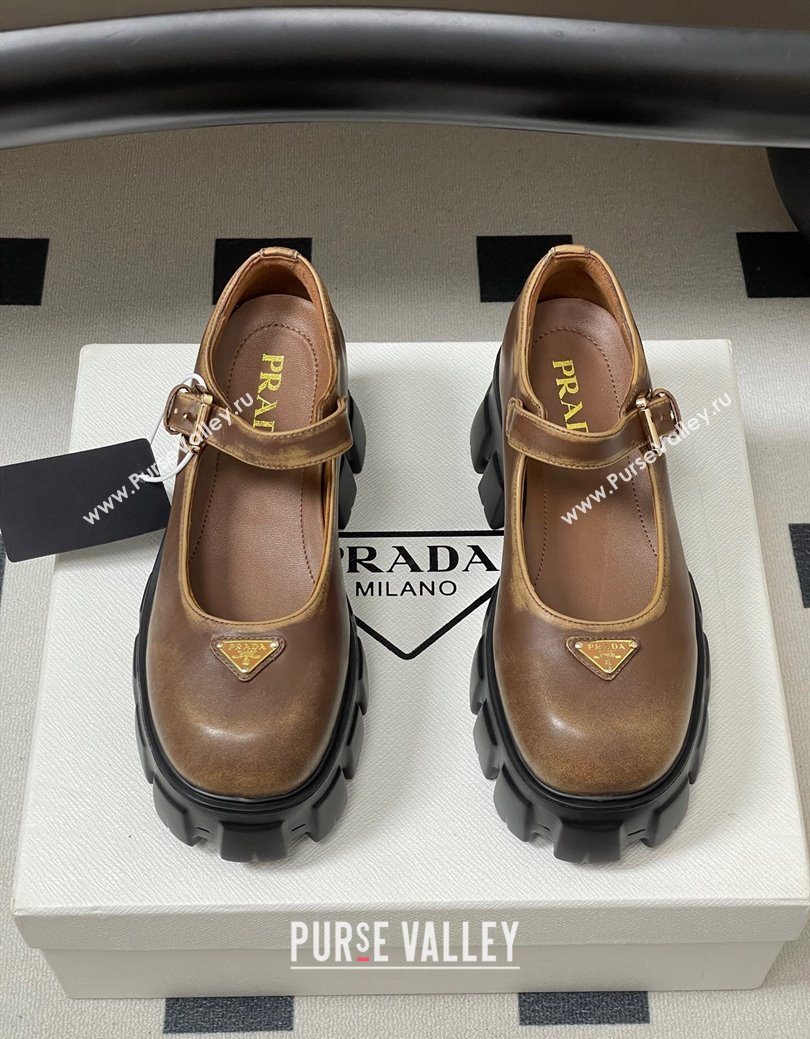 Prada Faded Leather Monolith Platform Mary Janes Shoes 5cm Brown 2025 1F080O (MD-251027041)