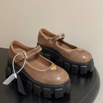Prada Faded Leather Monolith Platform Mary Janes Shoes 5cm Brown 2025 1F080O (MD-251027041)