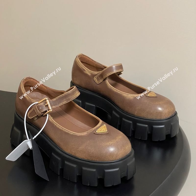 Prada Faded Leather Monolith Platform Mary Janes Shoes 5cm Brown 2025 1F080O (MD-251027041)