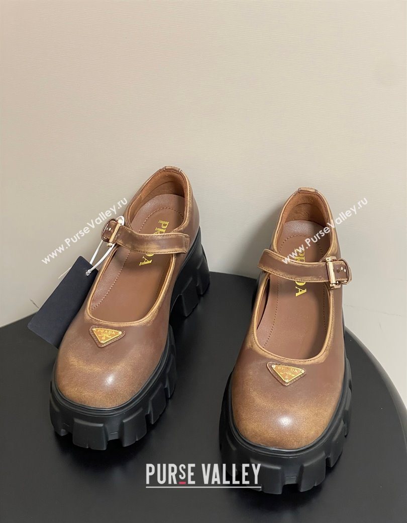 Prada Faded Leather Monolith Platform Mary Janes Shoes 5cm Brown 2025 1F080O (MD-251027041)