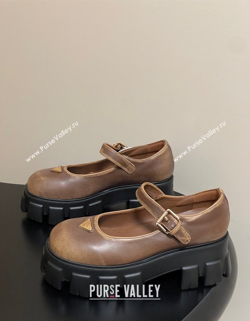 Prada Faded Leather Monolith Platform Mary Janes Shoes 5cm Brown 2025 1F080O (MD-251027041)