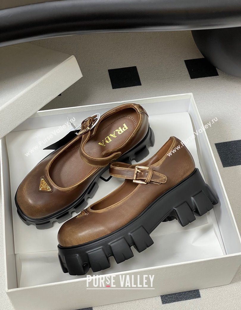 Prada Faded Leather Monolith Platform Mary Janes Shoes 5cm Brown 2025 1F080O (MD-251027041)