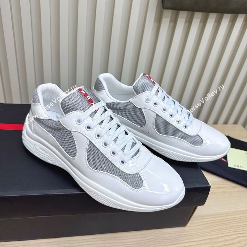 Prada Mens Americas Cup Bike Patent Leather and Fabric Sneakers White 2025 3E6420 (MD-251027116)