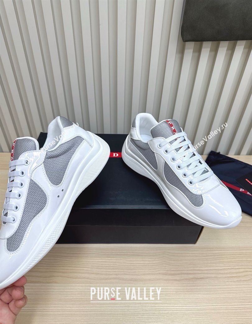 Prada Mens Americas Cup Bike Patent Leather and Fabric Sneakers White 2025 3E6420 (MD-251027116)