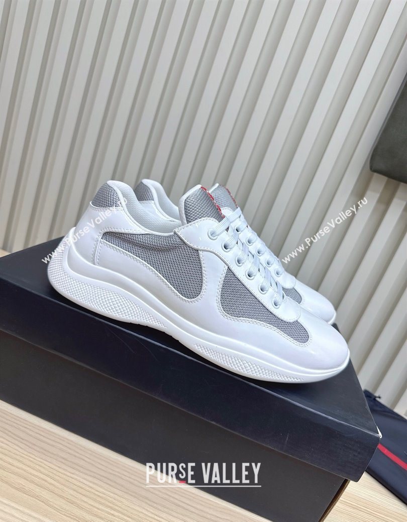 Prada Mens Americas Cup Bike Patent Leather and Fabric Sneakers White 2025 3E6420 (MD-251027116)