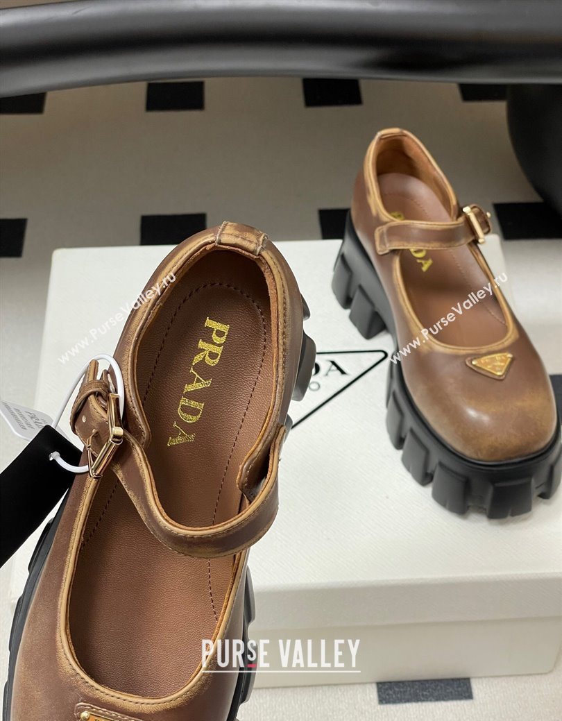 Prada Faded Leather Monolith Platform Mary Janes Shoes 5cm Brown 2025 1F080O (MD-251027041)