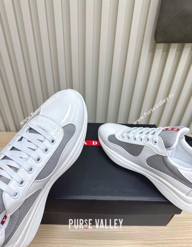 Prada Mens Americas Cup Bike Patent Leather and Fabric Sneakers White 2025 3E6420 (MD-251027116)