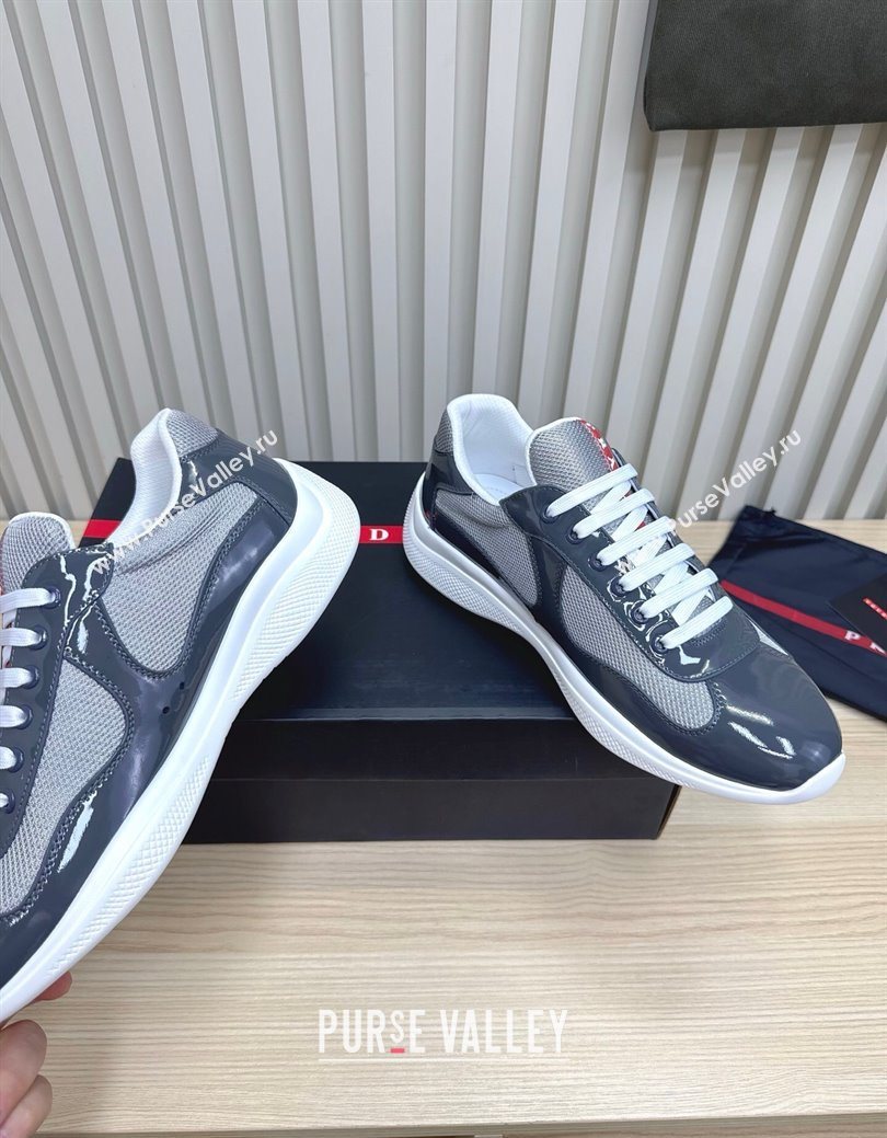Prada Mens Americas Cup Bike Patent Leather and Fabric Sneakers Dark Grey 2025 3E6420 (MD-251027117)