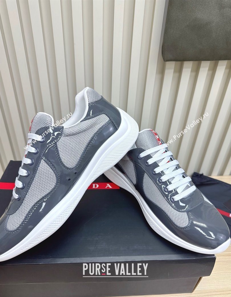 Prada Mens Americas Cup Bike Patent Leather and Fabric Sneakers Dark Grey 2025 3E6420 (MD-251027117)