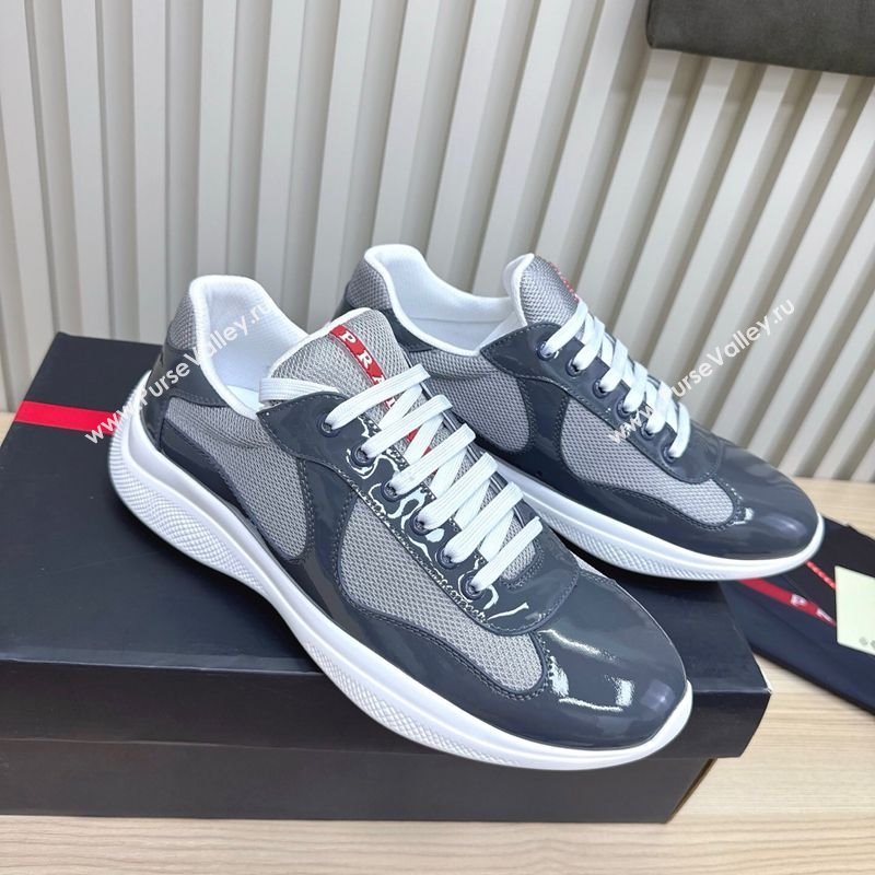 Prada Mens Americas Cup Bike Patent Leather and Fabric Sneakers Dark Grey 2025 3E6420 (MD-251027117)