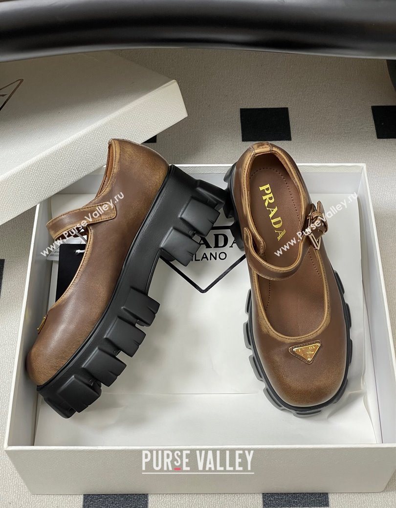 Prada Faded Leather Monolith Platform Mary Janes Shoes 5cm Brown 2025 1F080O (MD-251027041)