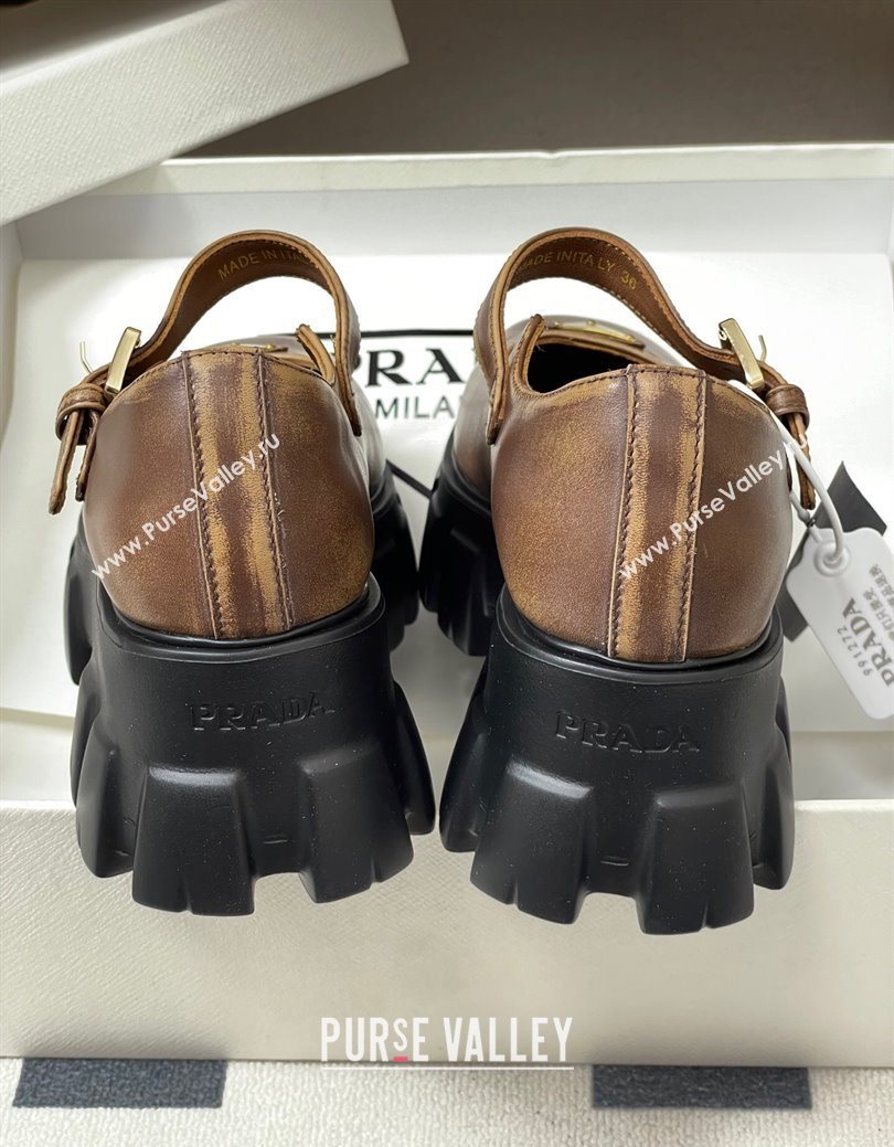 Prada Faded Leather Monolith Platform Mary Janes Shoes 5cm Brown 2025 1F080O (MD-251027041)