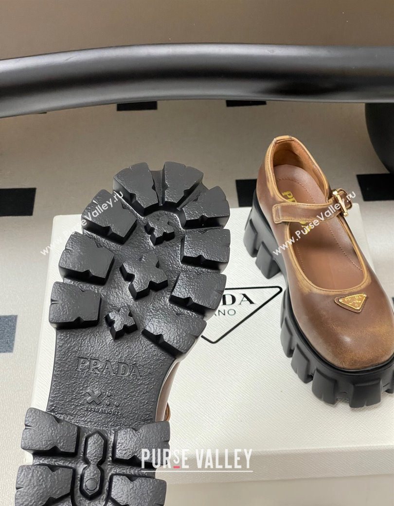 Prada Faded Leather Monolith Platform Mary Janes Shoes 5cm Brown 2025 1F080O (MD-251027041)