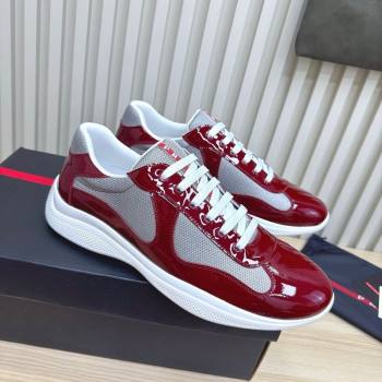 Prada Mens Americas Cup Bike Patent Leather and Fabric Sneakers Burgundy 2025 3E6420 (MD-251027120)