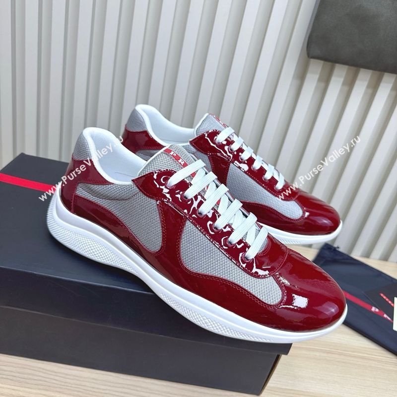 Prada Mens Americas Cup Bike Patent Leather and Fabric Sneakers Burgundy 2025 3E6420 (MD-251027120)