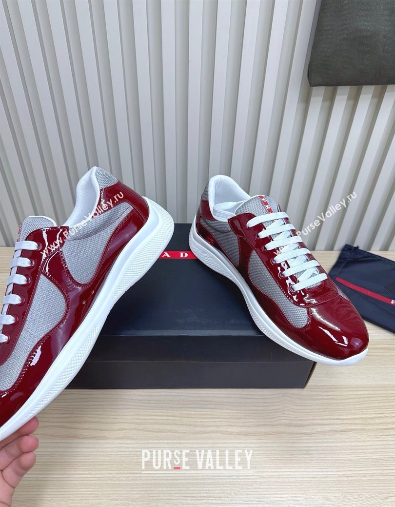 Prada Mens Americas Cup Bike Patent Leather and Fabric Sneakers Burgundy 2025 3E6420 (MD-251027120)