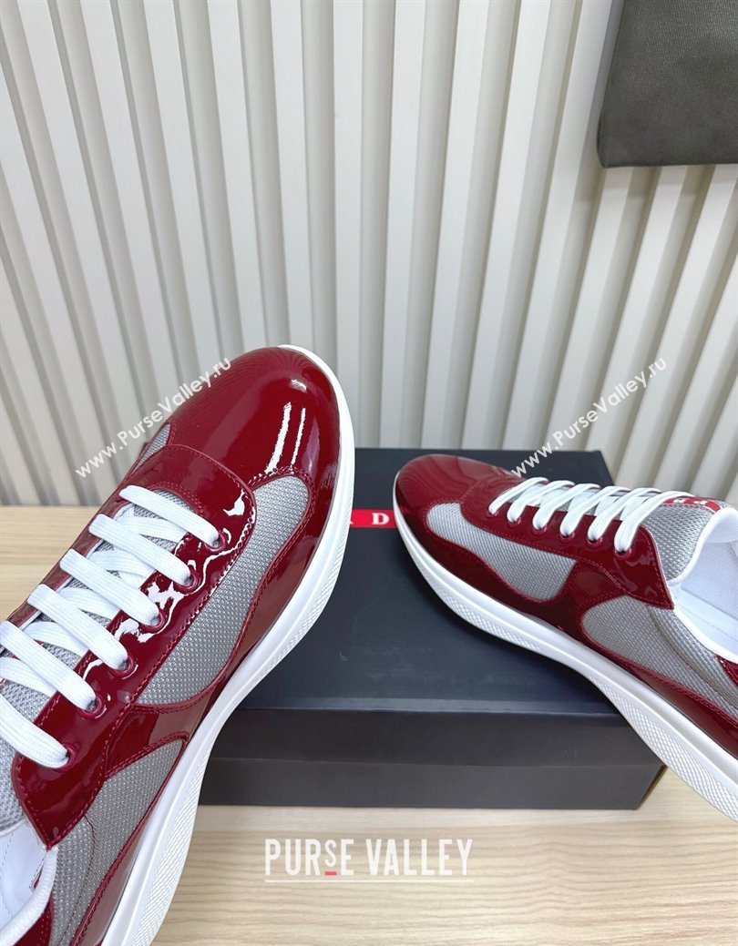 Prada Mens Americas Cup Bike Patent Leather and Fabric Sneakers Burgundy 2025 3E6420 (MD-251027120)