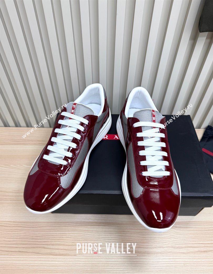 Prada Mens Americas Cup Bike Patent Leather and Fabric Sneakers Burgundy 2025 3E6420 (MD-251027120)