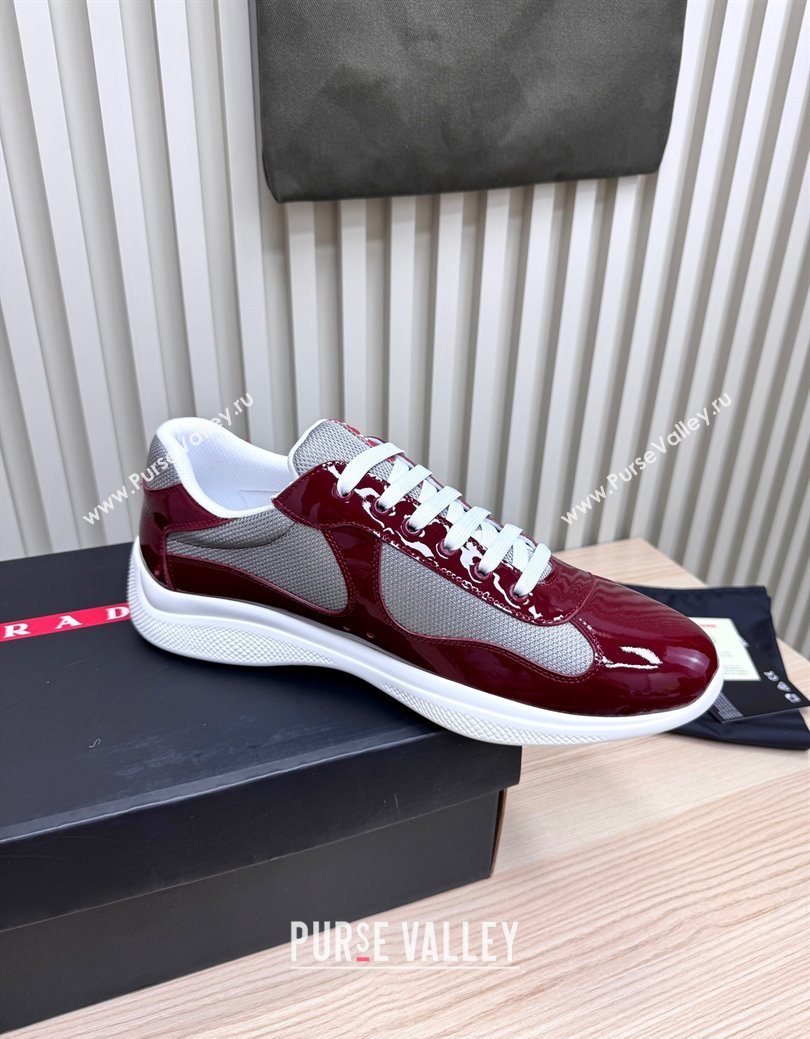 Prada Mens Americas Cup Bike Patent Leather and Fabric Sneakers Burgundy 2025 3E6420 (MD-251027120)