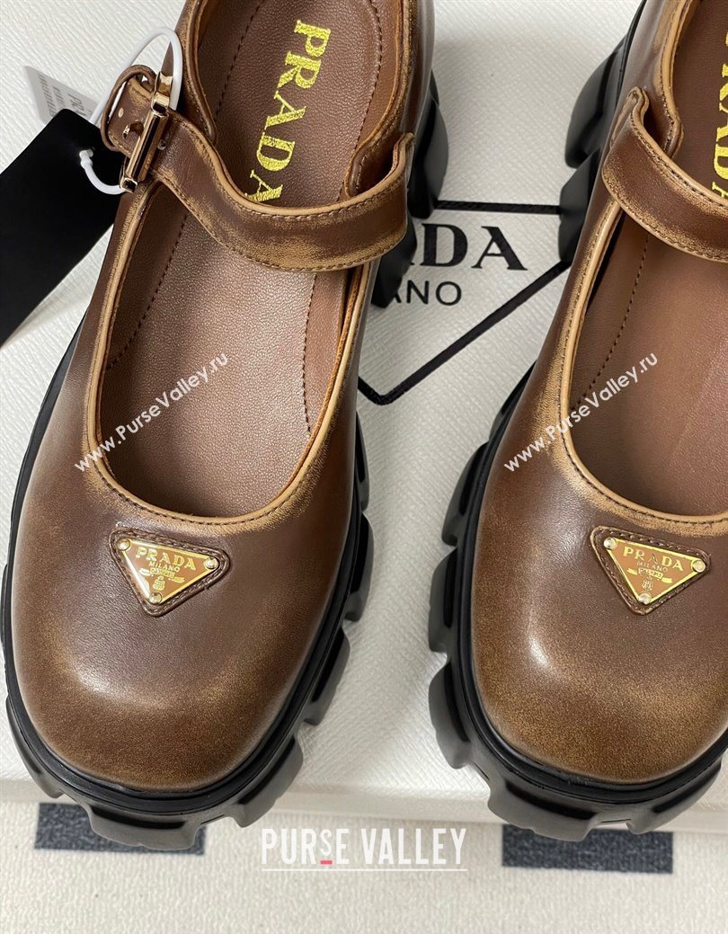 Prada Faded Leather Monolith Platform Mary Janes Shoes 5cm Brown 2025 1F080O (MD-251027041)