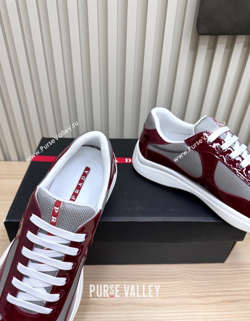 Prada Mens Americas Cup Bike Patent Leather and Fabric Sneakers Burgundy 2025 3E6420 (MD-251027120)