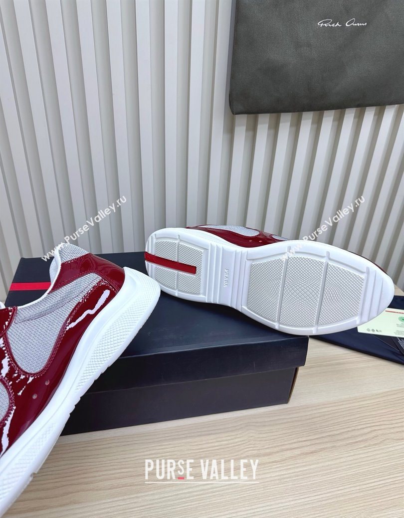 Prada Mens Americas Cup Bike Patent Leather and Fabric Sneakers Burgundy 2025 3E6420 (MD-251027120)