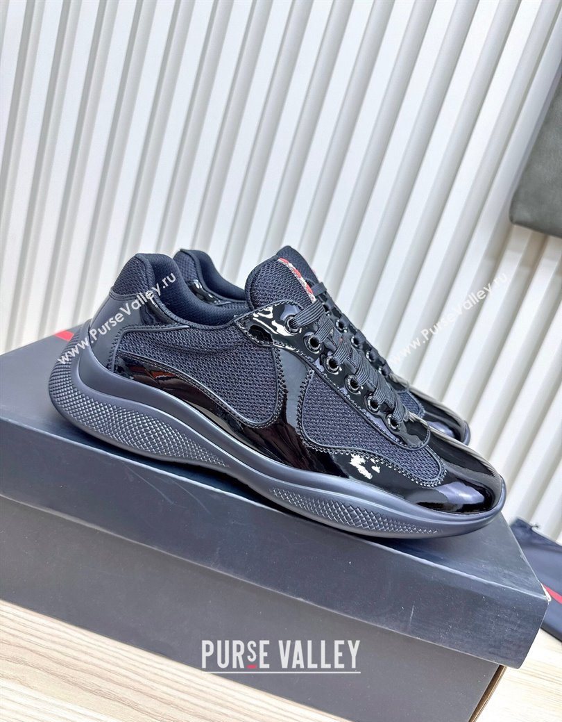 Prada Mens Americas Cup Bike Patent Leather and Fabric Sneakers Black 2025 3E6420 (MD-251027121)