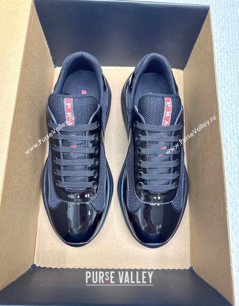 Prada Mens Americas Cup Bike Patent Leather and Fabric Sneakers Black 2025 3E6420 (MD-251027121)