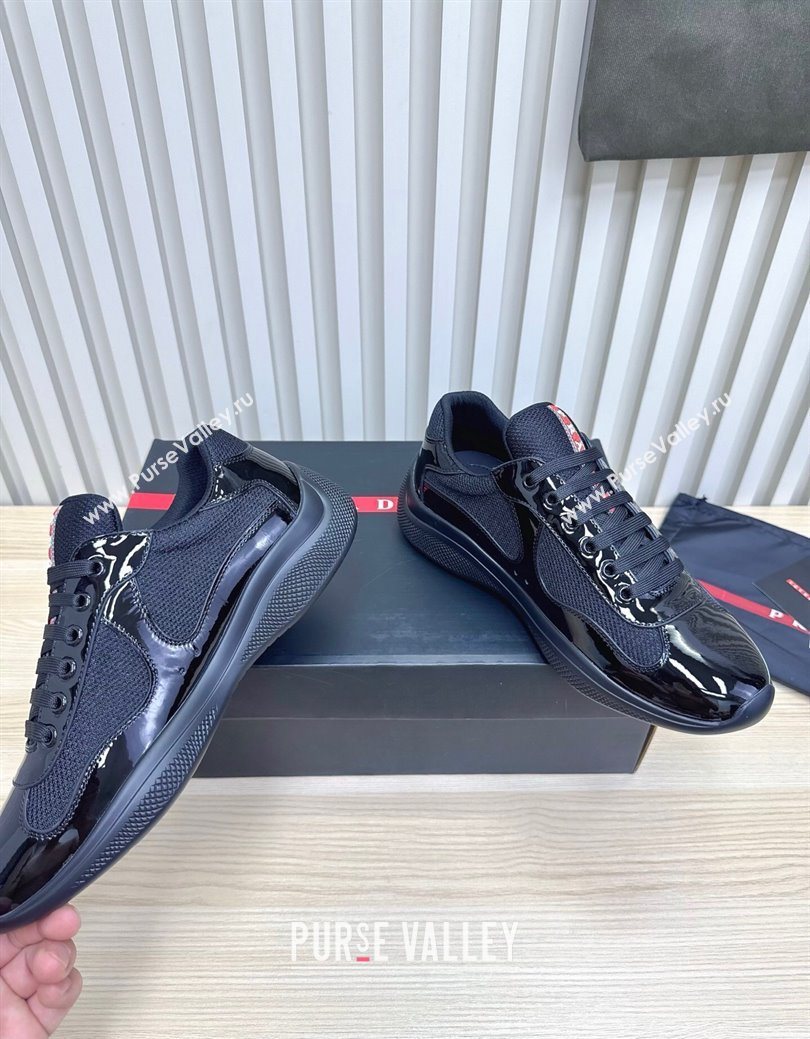 Prada Mens Americas Cup Bike Patent Leather and Fabric Sneakers Black 2025 3E6420 (MD-251027121)