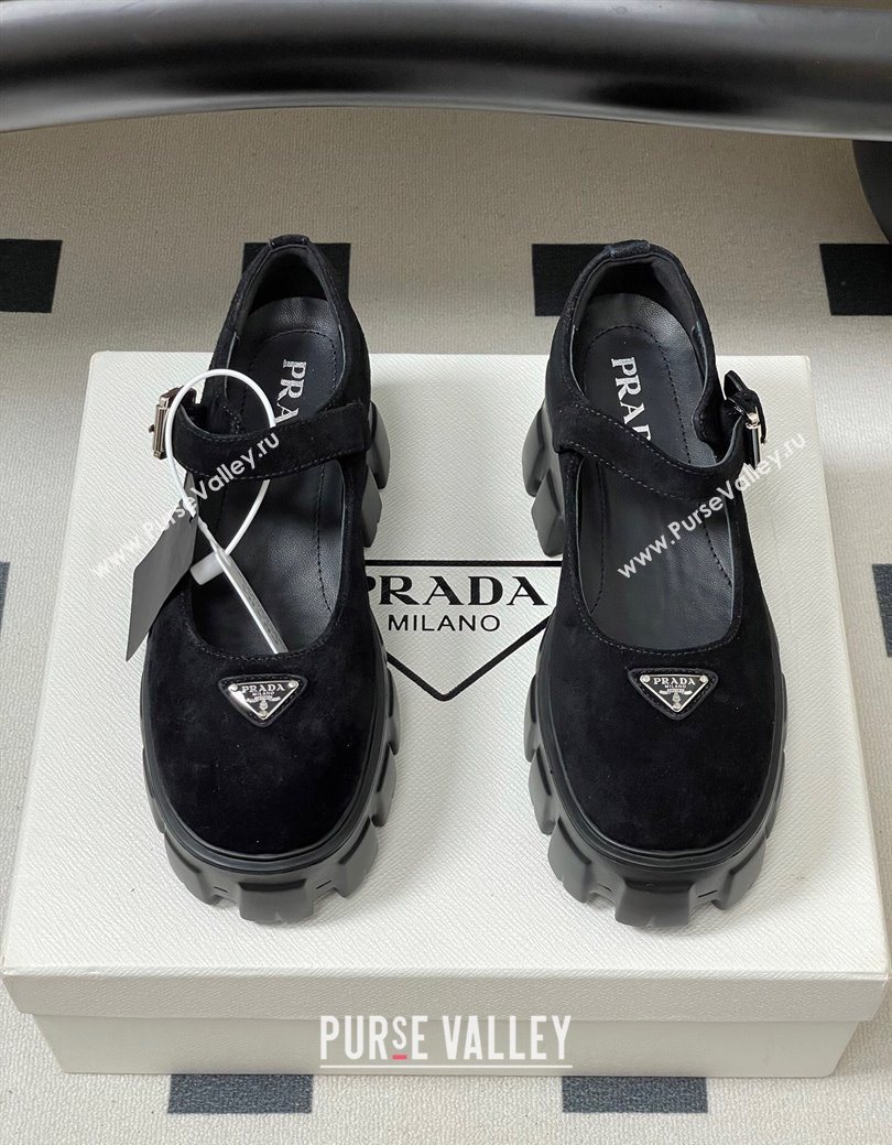 Prada Suede Monolith Platform Mary Janes Shoes 5cm Black 2025 1F080O (MD-251027042)