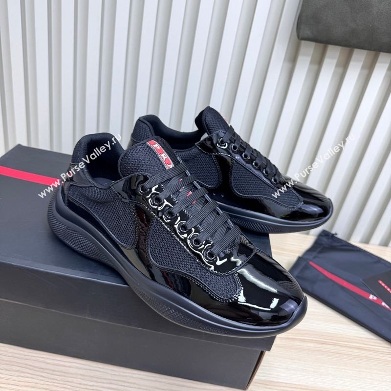 Prada Mens Americas Cup Bike Patent Leather and Fabric Sneakers Black 2025 3E6420 (MD-251027121)