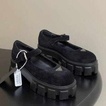 Prada Suede Monolith Platform Mary Janes Shoes 5cm Black 2025 1F080O (MD-251027042)