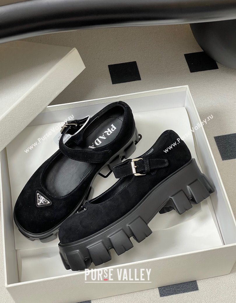 Prada Suede Monolith Platform Mary Janes Shoes 5cm Black 2025 1F080O (MD-251027042)