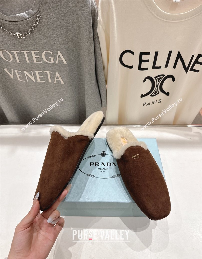 Prada Suede and Wool Flat Mules Brown 2025 1S008O (MD-251027001)