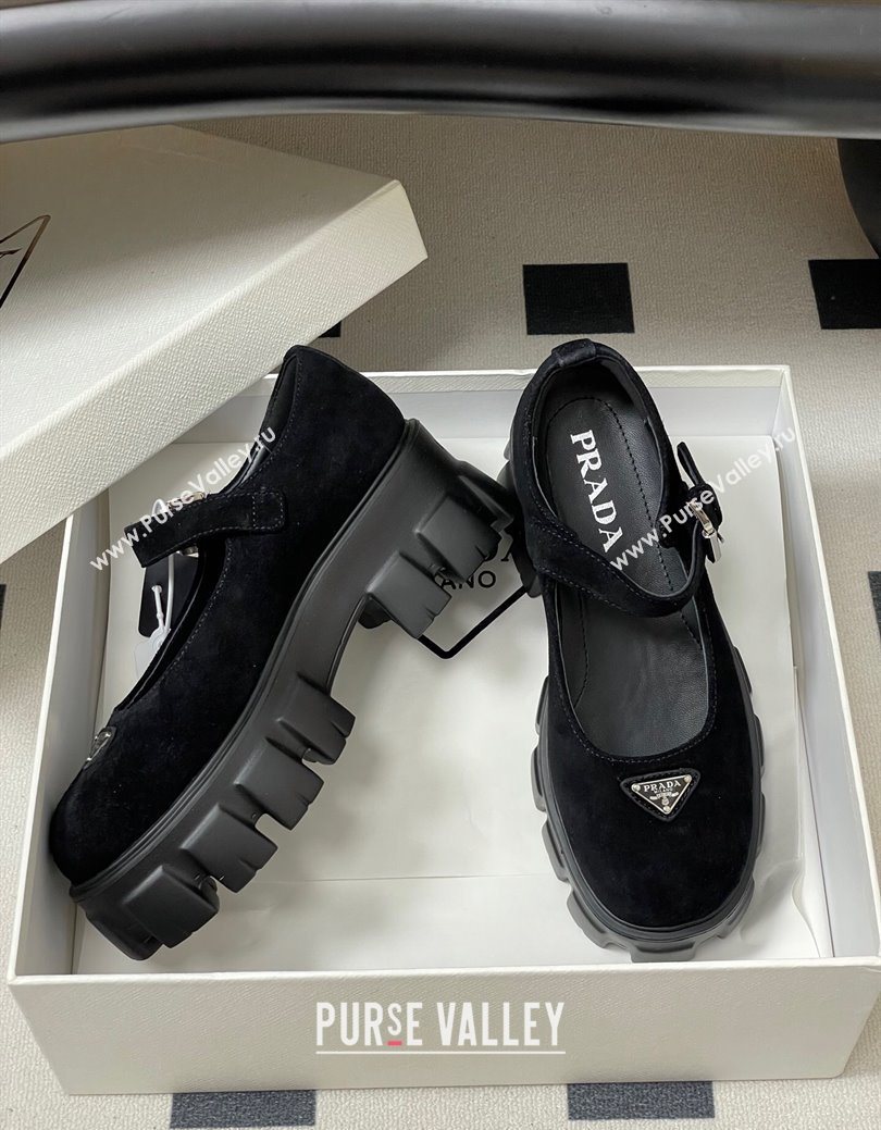 Prada Suede Monolith Platform Mary Janes Shoes 5cm Black 2025 1F080O (MD-251027042)