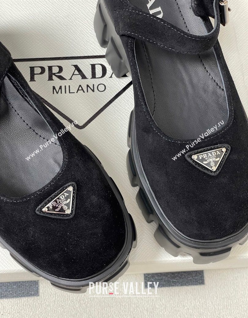 Prada Suede Monolith Platform Mary Janes Shoes 5cm Black 2025 1F080O (MD-251027042)