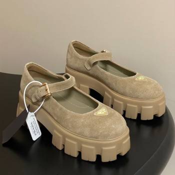 Prada Suede Monolith Platform Mary Janes Shoes 5cm Beige 2025 1F080O (MD-251027043)