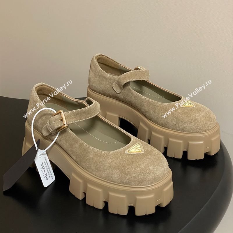 Prada Suede Monolith Platform Mary Janes Shoes 5cm Beige 2025 1F080O (MD-251027043)