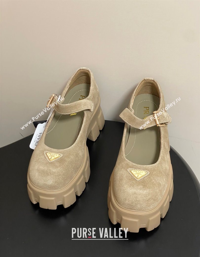 Prada Suede Monolith Platform Mary Janes Shoes 5cm Beige 2025 1F080O (MD-251027043)