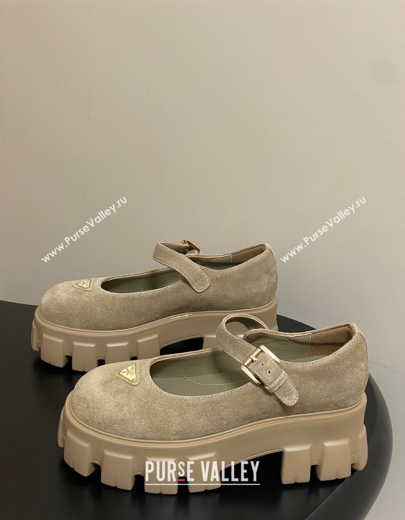 Prada Suede Monolith Platform Mary Janes Shoes 5cm Beige 2025 1F080O (MD-251027043)