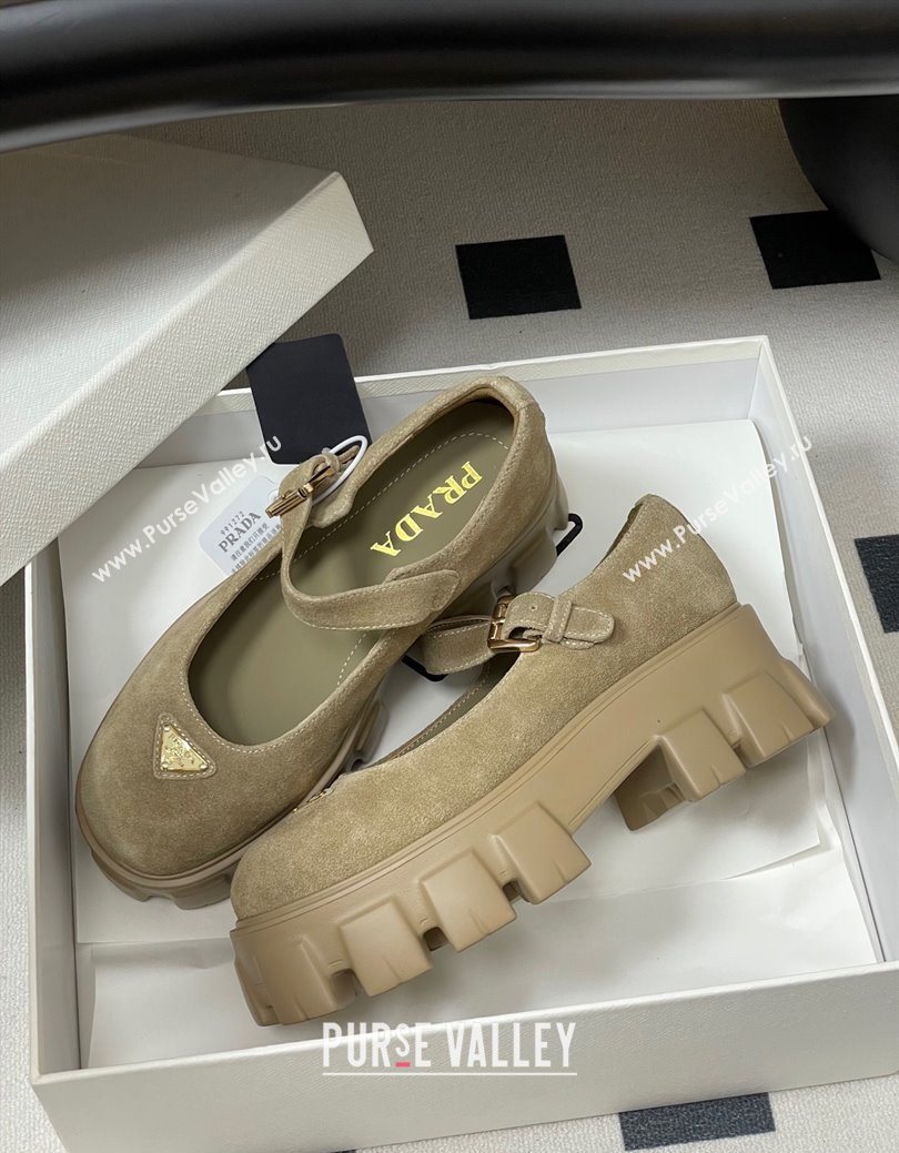 Prada Suede Monolith Platform Mary Janes Shoes 5cm Beige 2025 1F080O (MD-251027043)