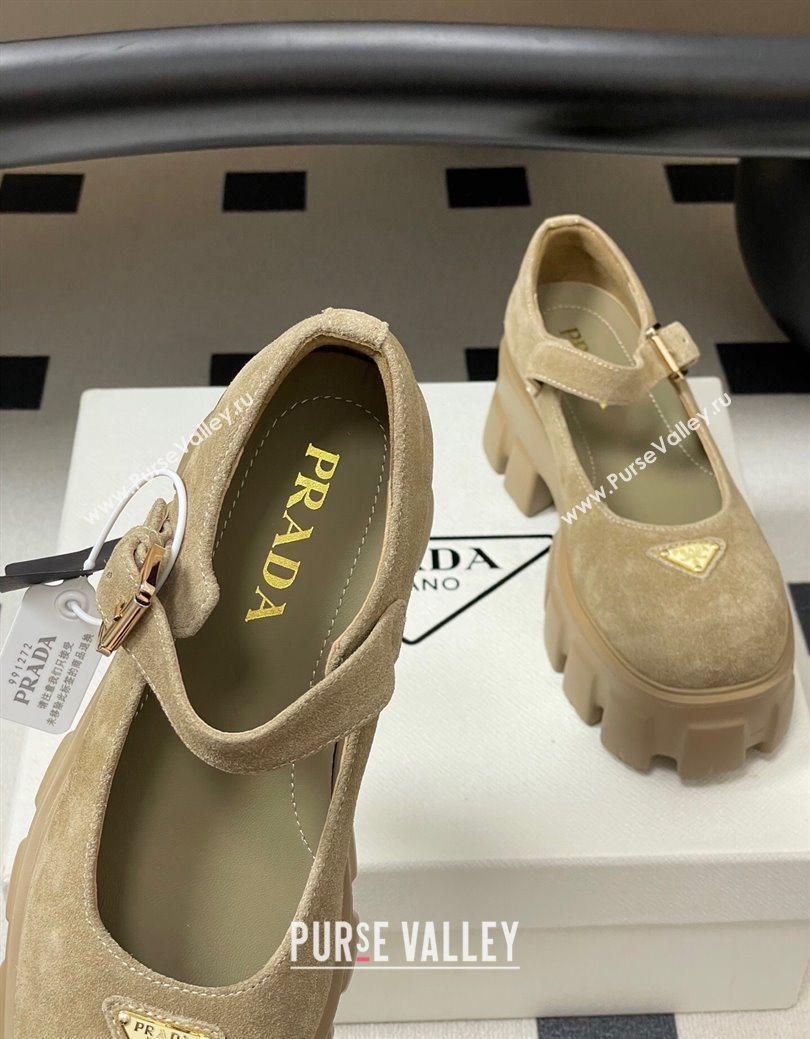 Prada Suede Monolith Platform Mary Janes Shoes 5cm Beige 2025 1F080O (MD-251027043)