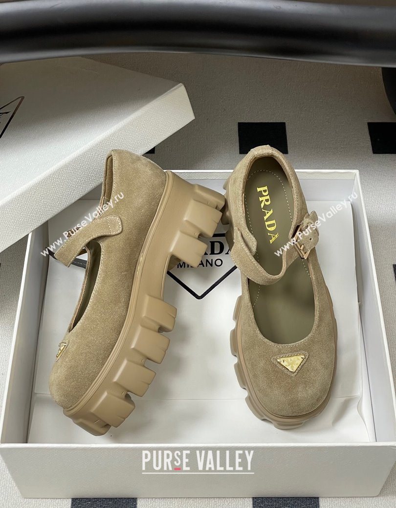 Prada Suede Monolith Platform Mary Janes Shoes 5cm Beige 2025 1F080O (MD-251027043)