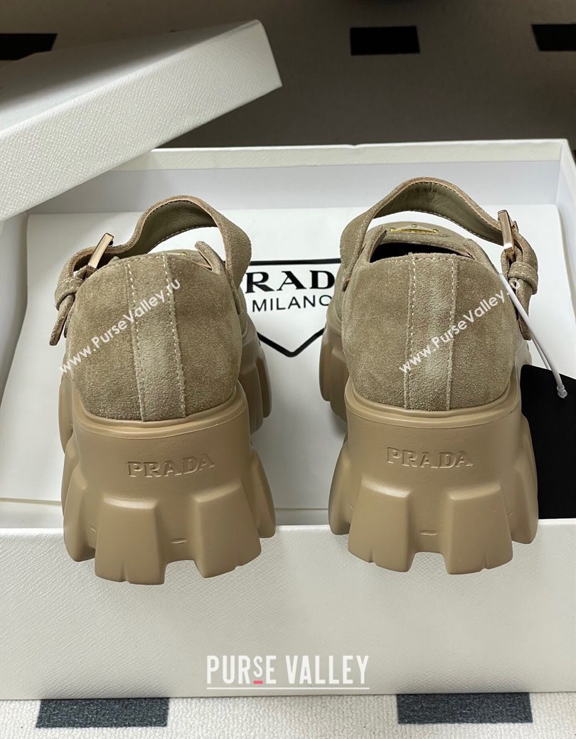 Prada Suede Monolith Platform Mary Janes Shoes 5cm Beige 2025 1F080O (MD-251027043)