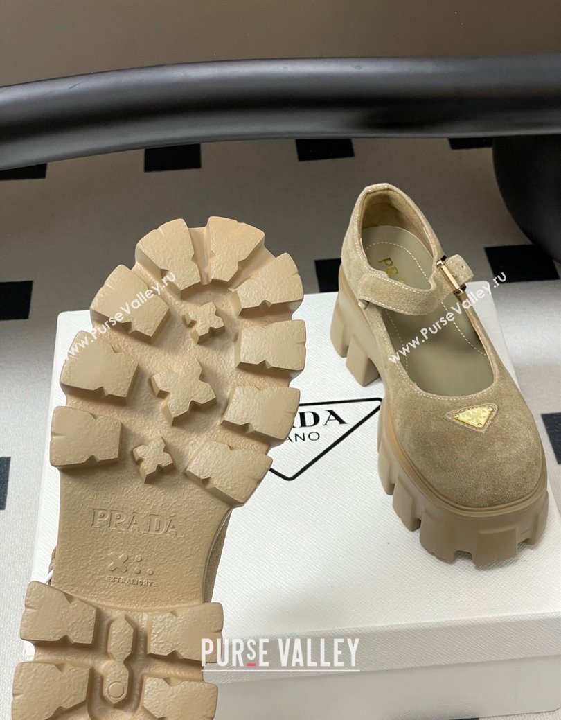 Prada Suede Monolith Platform Mary Janes Shoes 5cm Beige 2025 1F080O (MD-251027043)